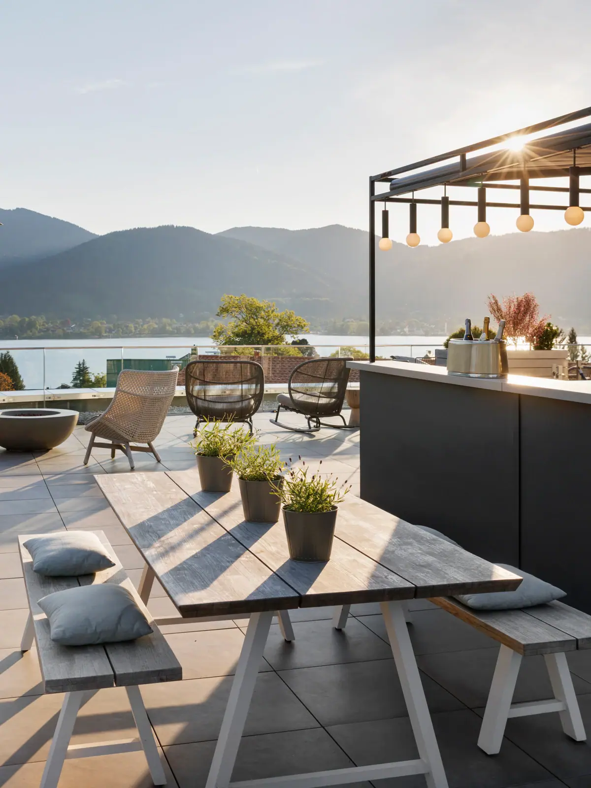 Rooftop Bar Terrasse mit Tisch, Stühlen und Bar, im Hintergrund ein See.